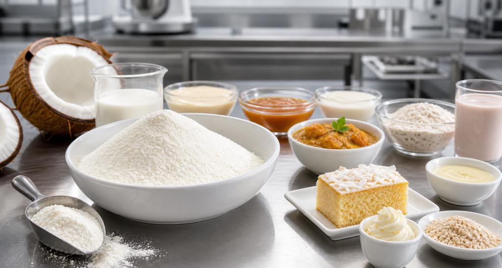 Coconut milk powder with food manufacturing application samples on a stainless steel R&D bench